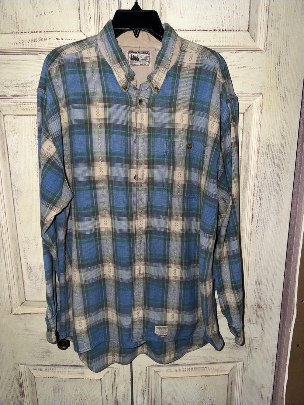 Women’s County Seat, Bugged Wear, Blue, Green & Cream Plaid Button-Down Shirt